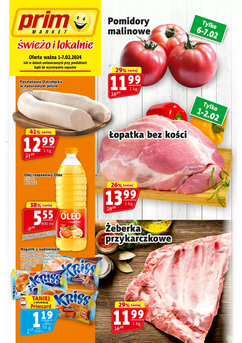 Gazetka promocyjna Prim Market - ważna 01.02 do 07.02.2024 - strona 1 - produkty: Kakao, Olej, Olej rzepakowy, Oleo, Pasztet, Pekpol, Pomidory, Rogal