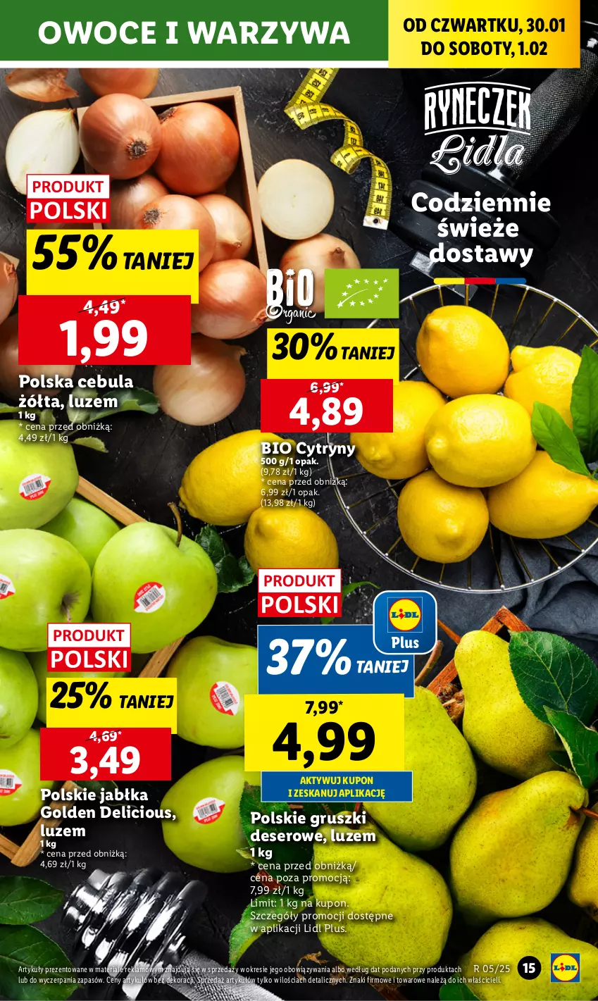 Gazetka promocyjna Lidl - GAZETKA - ważna 30.01 do 01.02.2025 - strona 15 - produkty: Cebula, Cytryny, Deser, Gruszki, Jabłka, Owoce, Ser, Warzywa