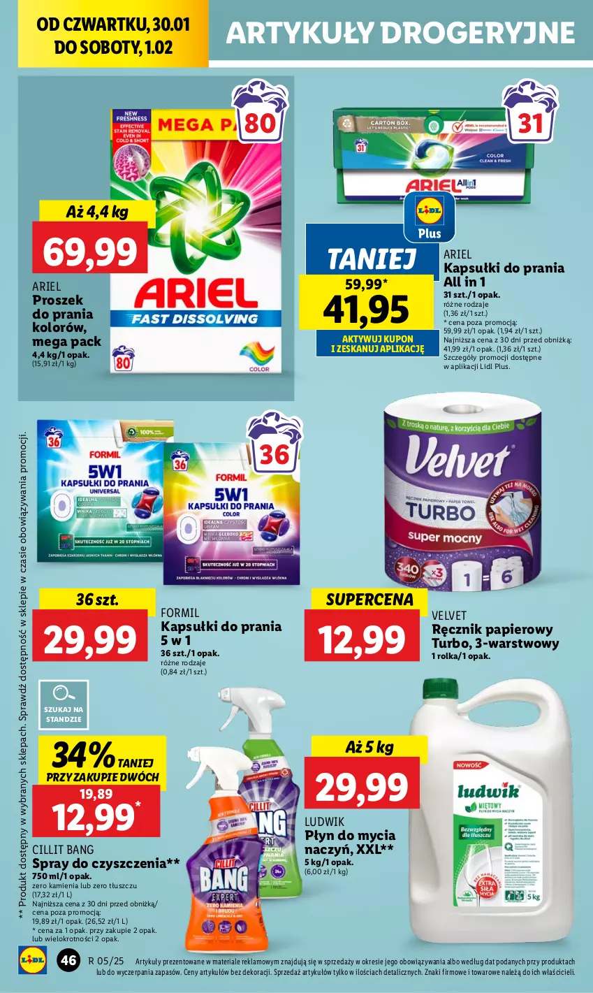 Gazetka promocyjna Lidl - GAZETKA - ważna 30.01 do 01.02.2025 - strona 52 - produkty: Ariel, Cillit Bang, Do mycia naczyń, Kapsułki do prania, Ludwik, Papier, Płyn do mycia, Płyn do mycia naczyń, Proszek do prania, Ręcznik, Spray do czyszczenia, Velvet