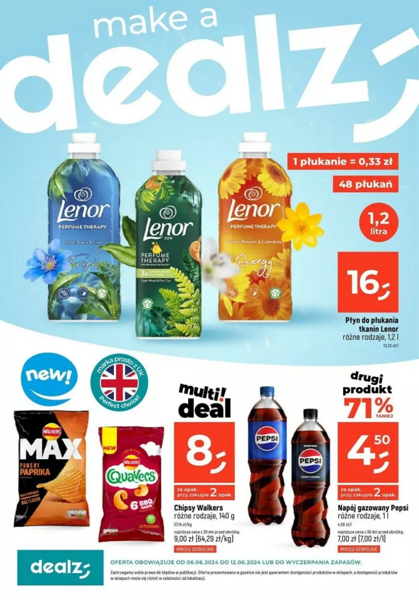 Gazetka promocyjna Dealz - ważna 06.06 do 12.06.2024 - strona 1 - produkty: Chipsy, Lenor, Napój, Napój gazowany, Pepsi, Płyn do płukania