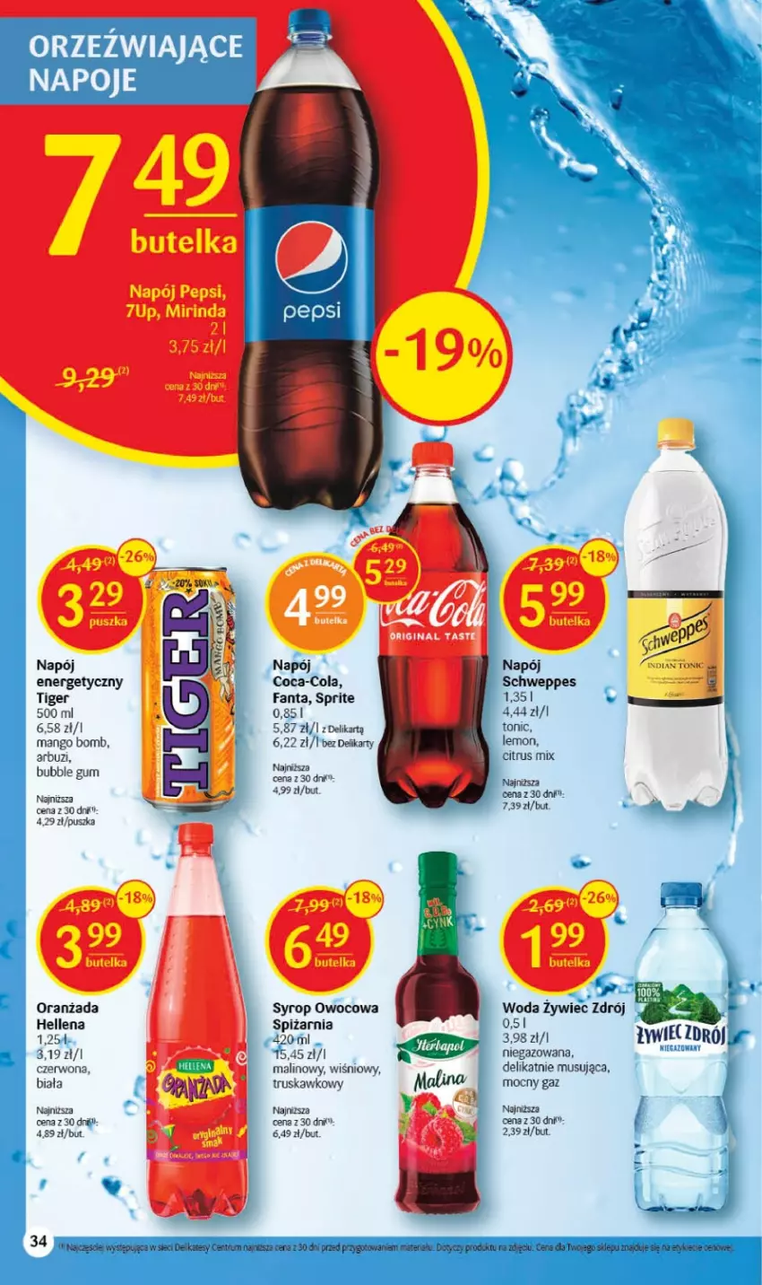 Gazetka promocyjna Delikatesy Centrum - Gazetka DC09 - ważna 02.03 do 08.03.2023 - strona 34 - produkty: Arbuz, Coca-Cola, Fa, Fanta, Hellena, Mango, Mus, Napój, Napój energetyczny, Oranżada, Pepsi, Rum, Schweppes, Sprite, Syrop, Tiger, Woda