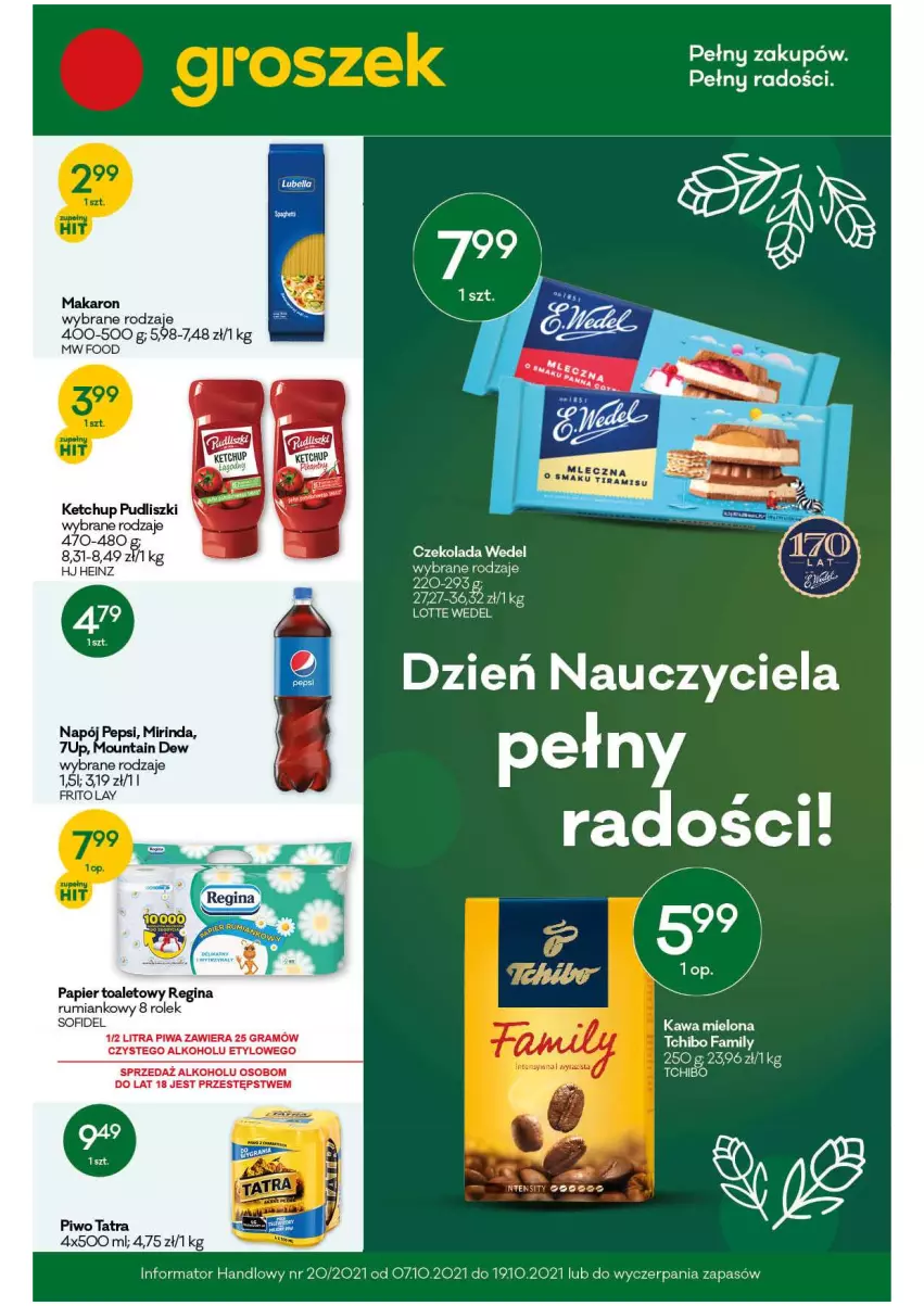 Gazetka promocyjna Groszek - Gazetka - ważna 07.10 do 19.10.2021 - strona 1 - produkty: Czekolada, Gin, Gra, Heinz, Ketchup, Makaron, Papier, Papier toaletowy, Piwa, Piwo, Pudliszki, Rum, Tatra, Tchibo