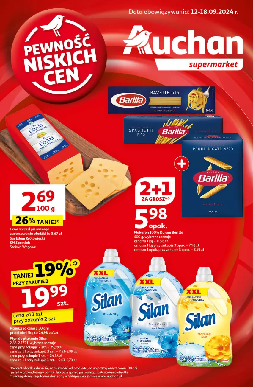 Gazetka promocyjna Auchan - Pewność Niskich Cen Supermarket - ważna 12.09 do 18.09.2024 - strona 1 - produkty: Barilla, Edam, Makaron, Płyn do płukania, Rum, Ser, Silan