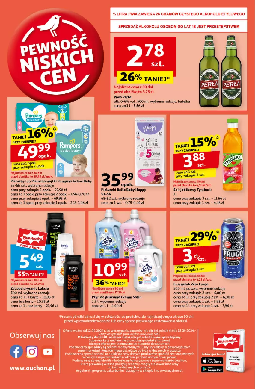 Gazetka promocyjna Auchan - Pewność Niskich Cen Supermarket - ważna 12.09 do 18.09.2024 - strona 12 - produkty: Bell, Bella, Luksja, Majtki, Pampers, Perła, Pieluchomajtki, Pieluchy, Piwo, Płyn do płukania, Sok, Sok jabłkowy, Tymbark