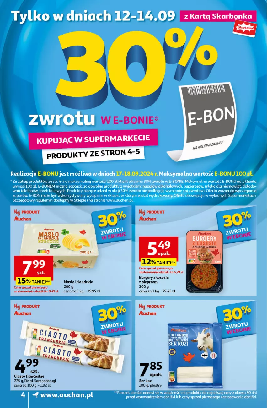 Gazetka promocyjna Auchan - Pewność Niskich Cen Supermarket - ważna 12.09 do 18.09.2024 - strona 4 - produkty: Burger, Ciasto francuskie, Masło, Pieprz, Ser, Ser kozi, Sos