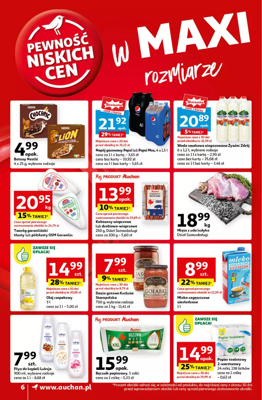 Gazetka promocyjna Auchan - Pewność Niskich Cen Supermarket - ważna 12.09 do 18.09.2024 - strona 6 - produkty: Baton, Dania gotowe, Kabanos, Kuchnia, Luksja, Mięso, Mleko, Mleko zagęszczone, Napój, Napój gazowany, Olej, Olej rzepakowy, Papier, Papier toaletowy, Pepsi, Pepsi max, Płyn do kąpieli, Ręcznik, Rolki, Twaróg, Woda