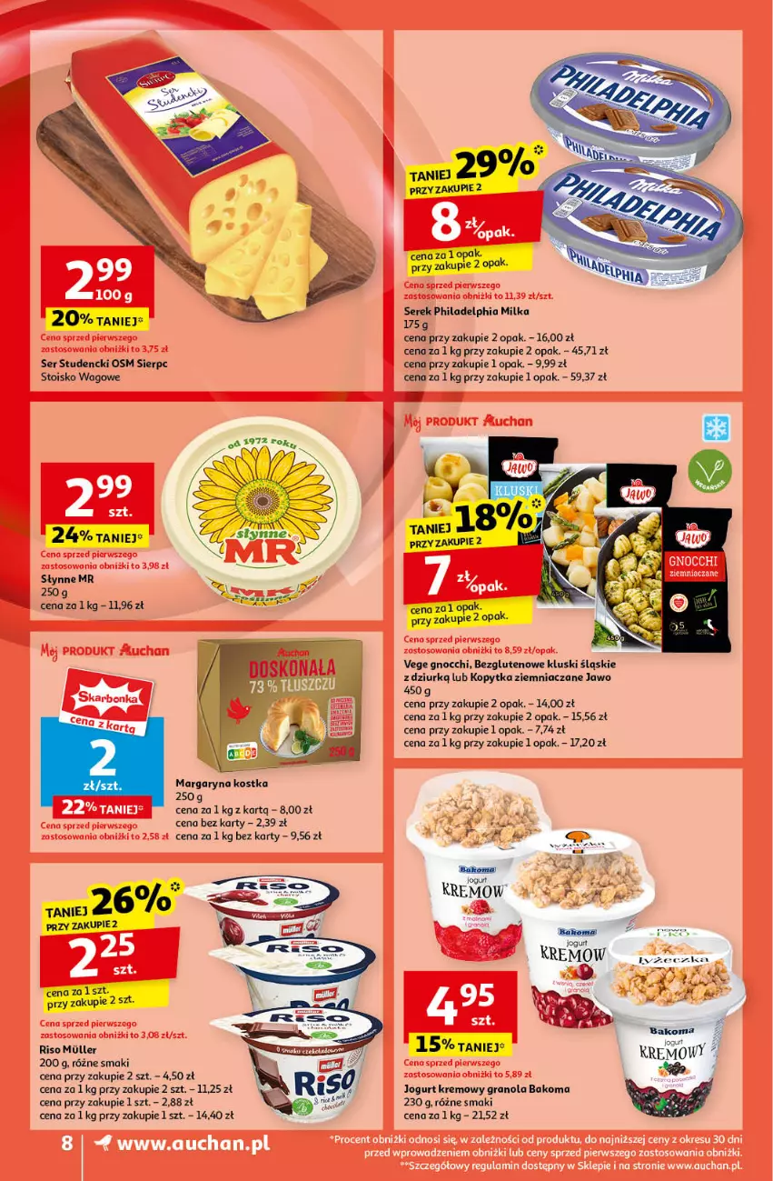 Gazetka promocyjna Auchan - Pewność Niskich Cen Supermarket - ważna 12.09 do 18.09.2024 - strona 8 - produkty: Bakoma, Gnocchi, Gra, Granola, Jogurt, Kopytka, Margaryna, Milka, Philadelphia, Ser, Serek, Słynne