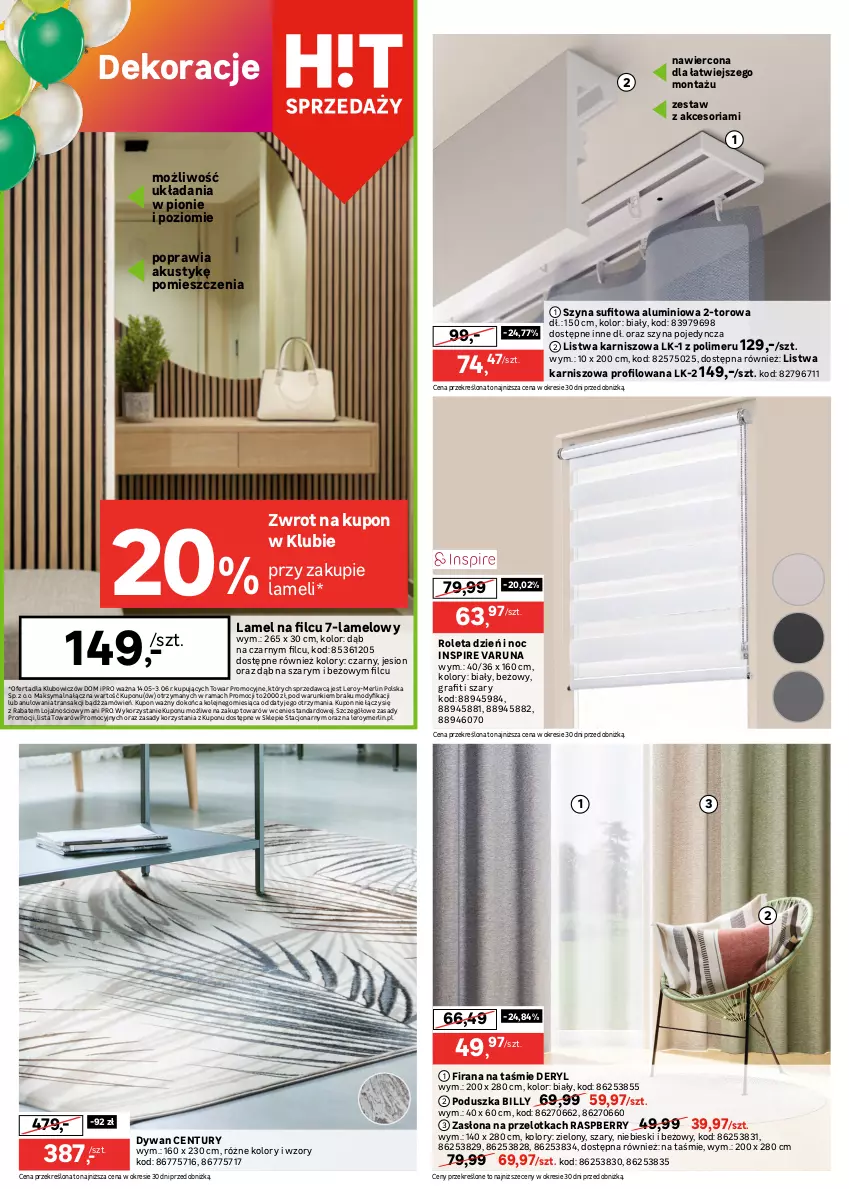 Gazetka promocyjna Leroy Merlin - Gazetka Leroy Merlin - ważna 14.05 do 03.06.2025 - strona 12 - produkty: Billy, Dywan, Fa, Firana, Gra, Karnisz, Lampa, Lampa wisząca, Listwa, Olej, Poduszka, Rama, Reflektor, Roleta, Ser, Szyna, Tran, Zasłona