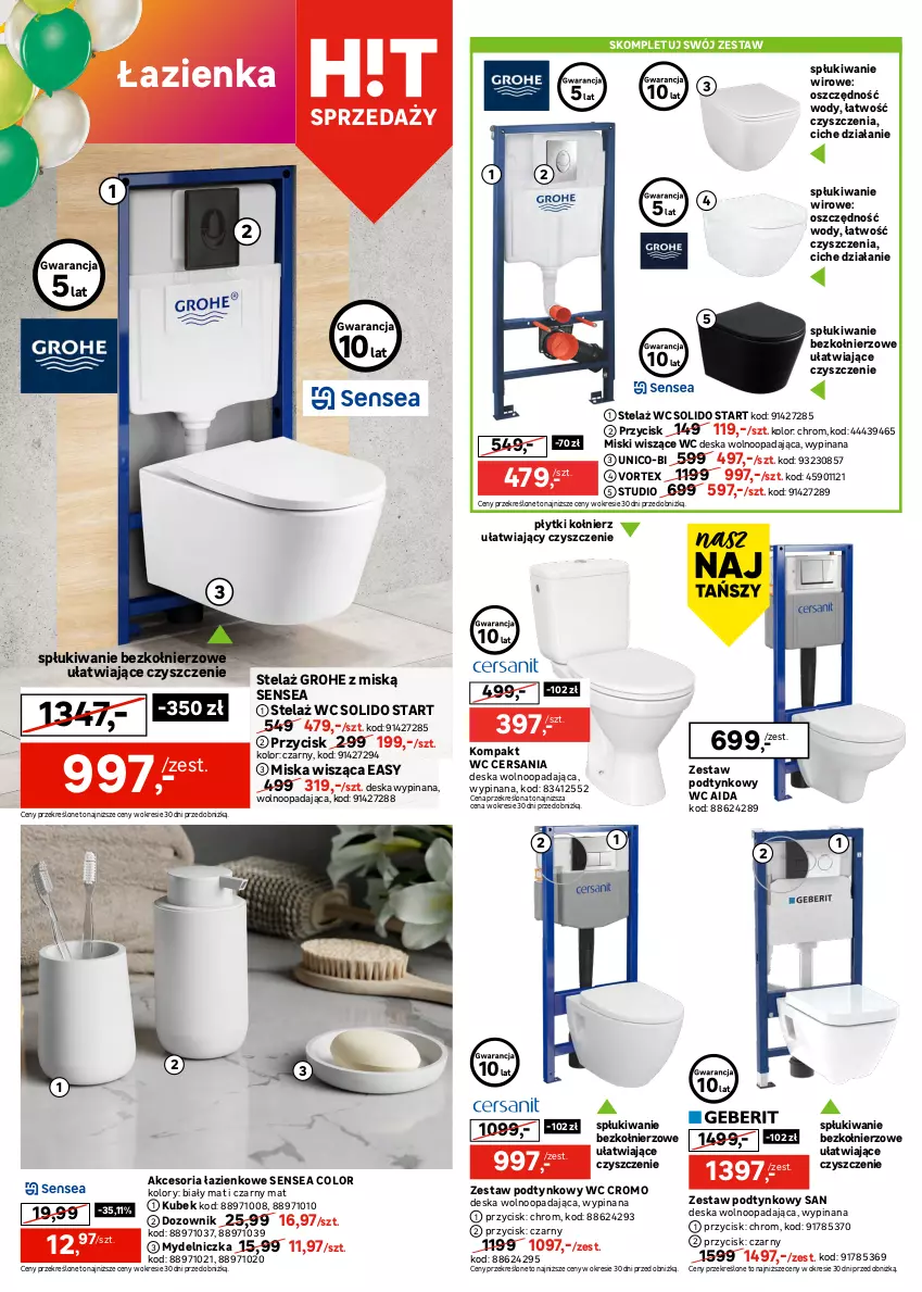 Gazetka promocyjna Leroy Merlin - Gazetka Leroy Merlin - ważna 14.05 do 03.06.2025 - strona 22 - produkty: Deska wolnoopadająca, Dozownik, Gniazdo pojedyncze, Gra, Grohe, Grzejnik, Kompakt WC, Kubek, LANA, Miska, Miska wisząca, Mydelniczka, Przewód, Ramka, Rura, Ser, Sok, Sól, Tablet, Włącznik podwójny, Włącznik pojedynczy, Zestaw podtynkowy WC, Zlew, Zlewozmywak