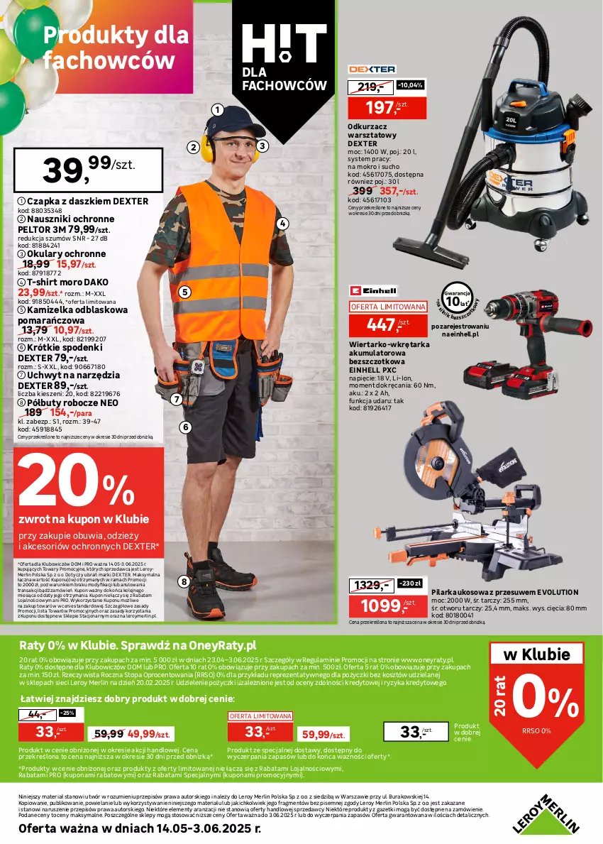 Gazetka promocyjna Leroy Merlin - Gazetka Leroy Merlin - ważna 14.05 do 03.06.2025 - strona 28 - produkty: Akumulator, Buty, Buty robocze, Czapka, Einhell, Fa, Kamizelka, Kamizelka odblaskowa, Kosz, Odkurzacz, Odkurzacz warsztatowy, Okulary ochronne, Olej, Pilarka ukosowa, Półbuty, Rama, Sprzedawcy, T-shirt, Tarka, Top, Tran, Wkręt, Wkrętarka