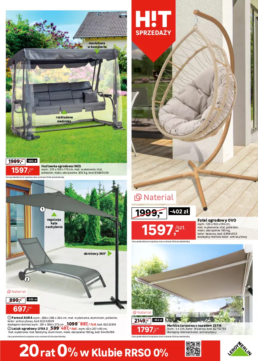 Gazetka promocyjna Leroy Merlin - Gazetka Leroy Merlin - ważna 14.05 do 03.06.2025 - strona 3 - produkty: Fa, Fotel, Huśtawka, Krzesło, Krzesło ogrodowe, Markiza, Parasol, Puf, Siedzisko, Sofa, Sofa narożna, Sok, Stół, Stolik