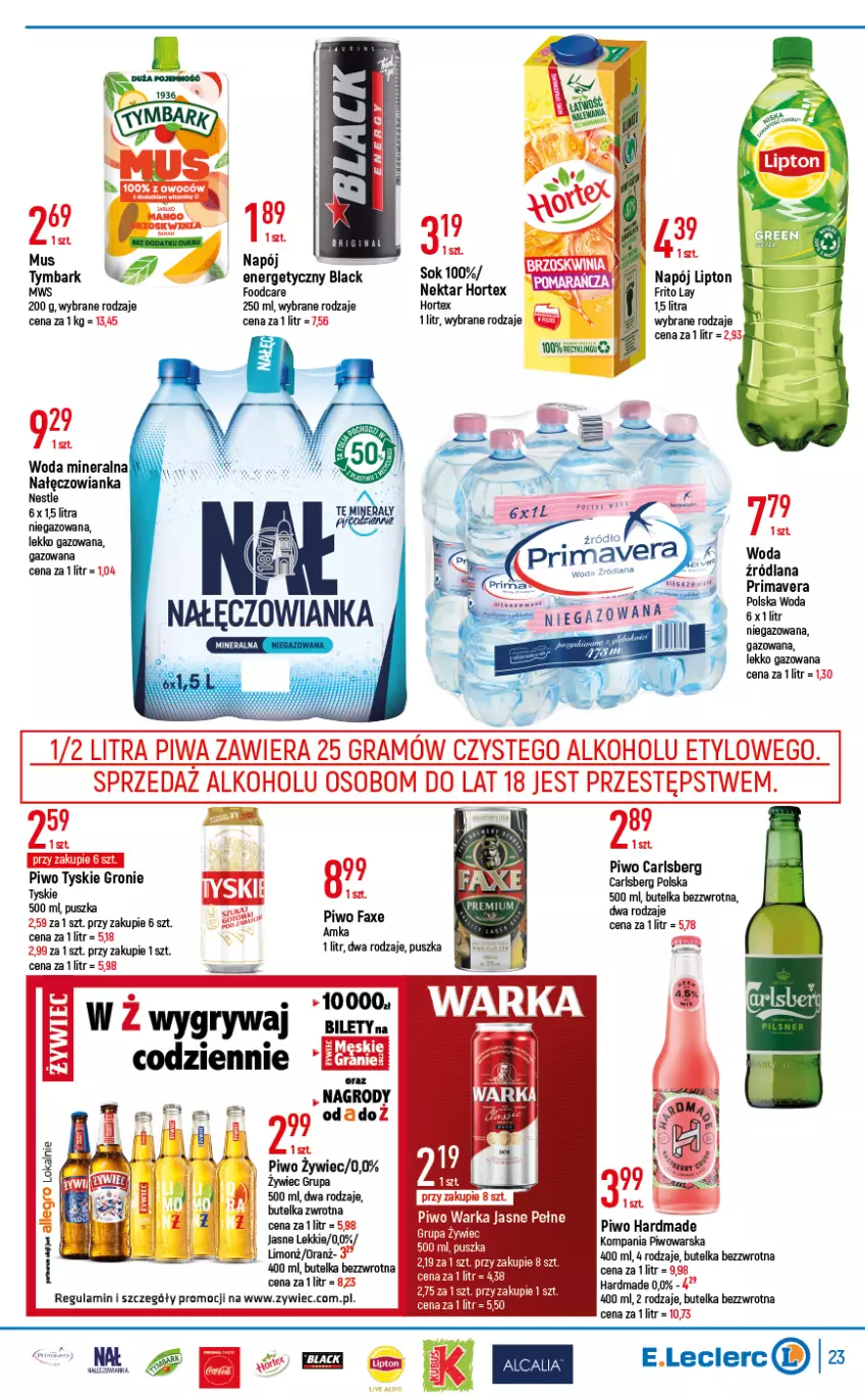 Gazetka promocyjna E Leclerc - ważna 07.06 do 18.06.2022 - strona 23 - produkty: Carlsberg, Fa, Gra, Hortex, Lack, LANA, Lipton, Mus, Nałęczowianka, Napój, Nektar, Piwa, Piwo, Prima, Primavera, Sok, Tymbark, Tyskie, Woda, Woda mineralna