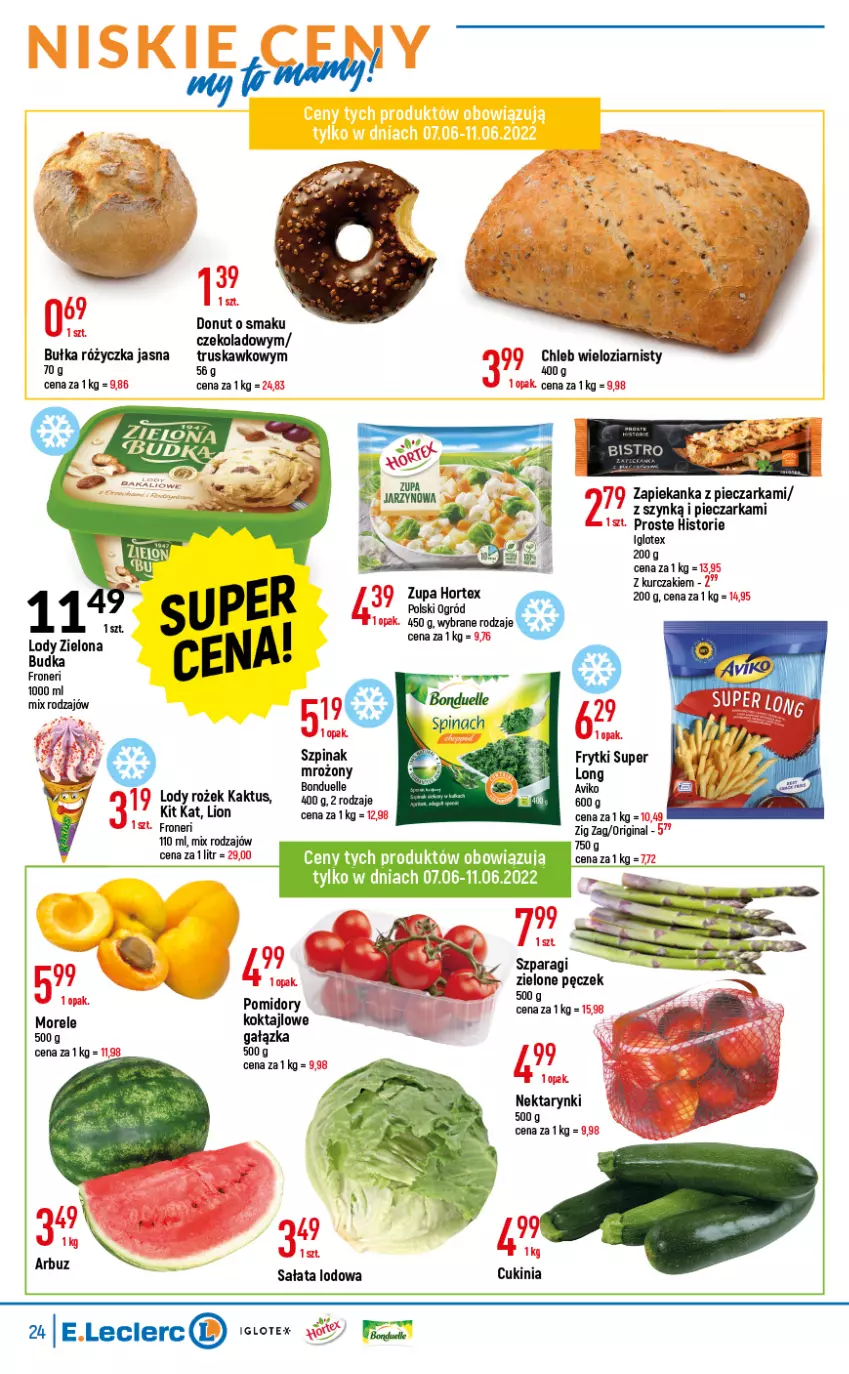 Gazetka promocyjna E Leclerc - ważna 07.06 do 18.06.2022 - strona 24 - produkty: Bułka, Chleb, Chleb wieloziarnisty, Donut, Gin, Hortex, Kaktus, Kit Kat, Kurczak, Lion, Lody, Nektar, Ogród, Piec, Pieczarka, Pomidory, Sałat, Sałata lodowa, Zapiekanka, Zupa