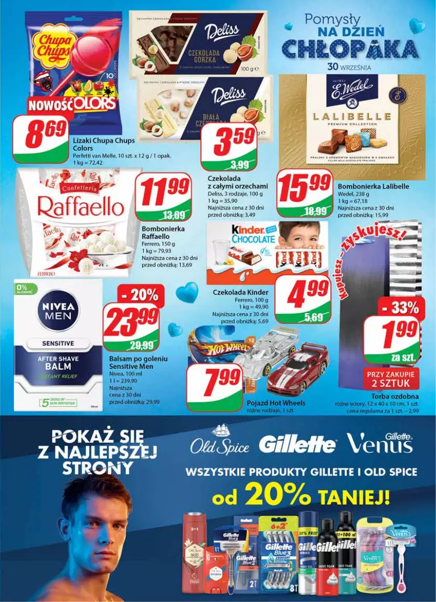 Gazetka promocyjna Dino - Gazetka 39 - ważna 27.09 do 03.10.2023 - strona 21 - produkty: Balsam po goleniu, Chupa Chups, Czekolada, Deliss, Fa, Ferrero, Gillette, Hot Wheels, Kinder, Lizaki, Old Spice, Raffaello, Torba, Venus