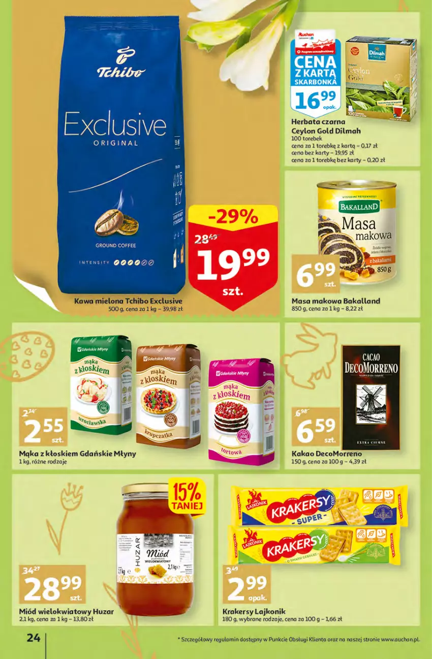 Gazetka promocyjna Auchan - przeNISKIE CENY przesmaczna Wielkanoc Hipermarkety - ważna 07.04 do 16.04.2022 - strona 24 - produkty: Bakalland, Dilmah, Gin, Herbata, Herbata czarna, Kakao, Kawa, Kawa mielona, Krakersy, Lajkonik, Mąka, Miód, Tchibo