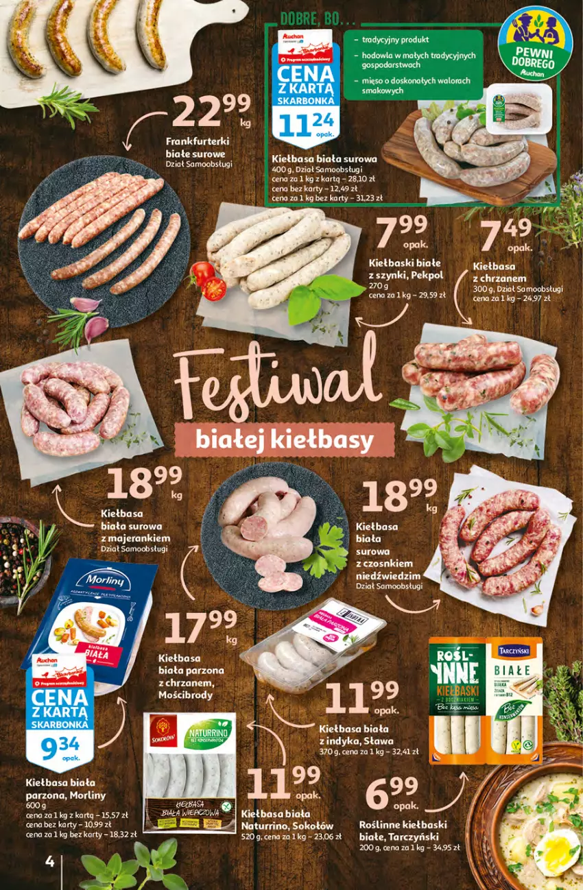 Gazetka promocyjna Auchan - przeNISKIE CENY przesmaczna Wielkanoc Hipermarkety - ważna 07.04 do 16.04.2022 - strona 4 - produkty: Chrzan, Kiełbasa, Kiełbasa biała, Mięso, Milka, Roślinne kiełbaski, Sok, Sokołów, Tarczyński