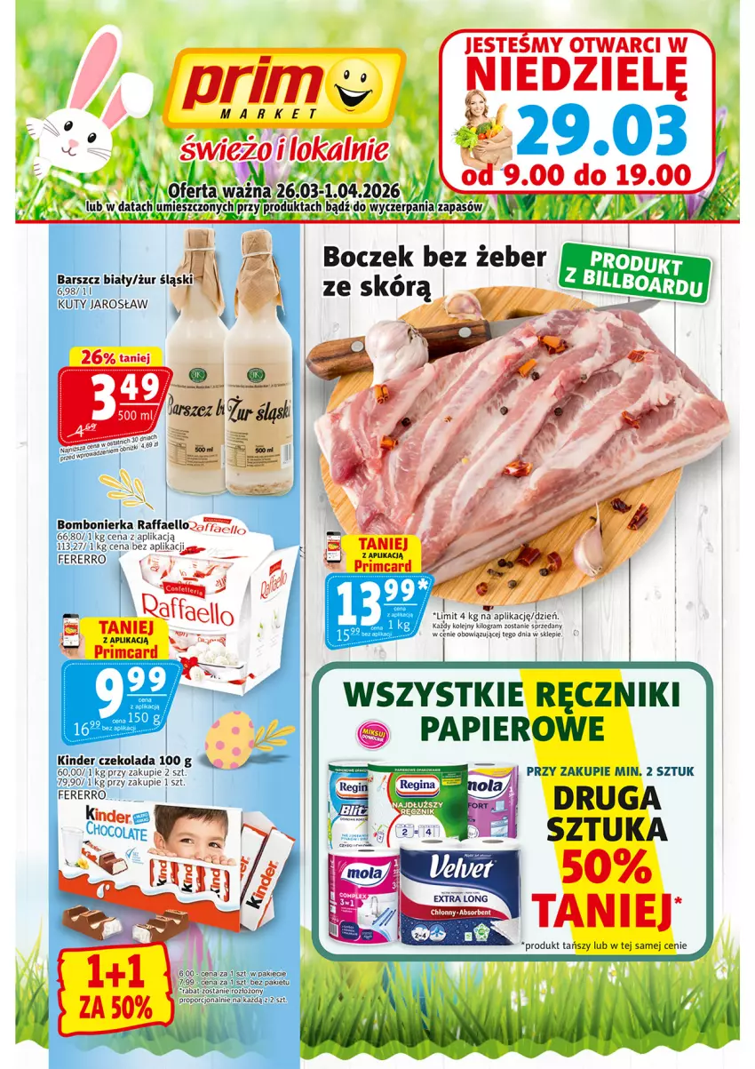 Gazetka promocyjna Prim Market - ważna 26.03 do 01.04.2026 - strona 1 - produkty: Boczek, Fa, Olej, Papier, Raffaello, Ręcznik