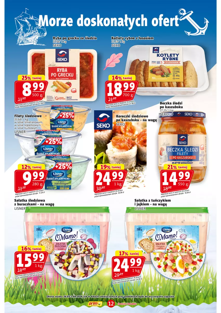 Gazetka promocyjna Prim Market - ważna 26.03 do 01.04.2026 - strona 12 - produkty: Koreczki śledziowe, Lisner, Sałat, Sałatka, SEKO, Ser, Sos, Tuńczyk, Woda