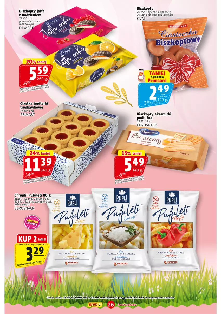 Gazetka promocyjna Prim Market - ważna 26.03 do 01.04.2026 - strona 26 - produkty: Aksam, Biszkopty, Chrupki, Ciastka, Fa, Prima, Puf