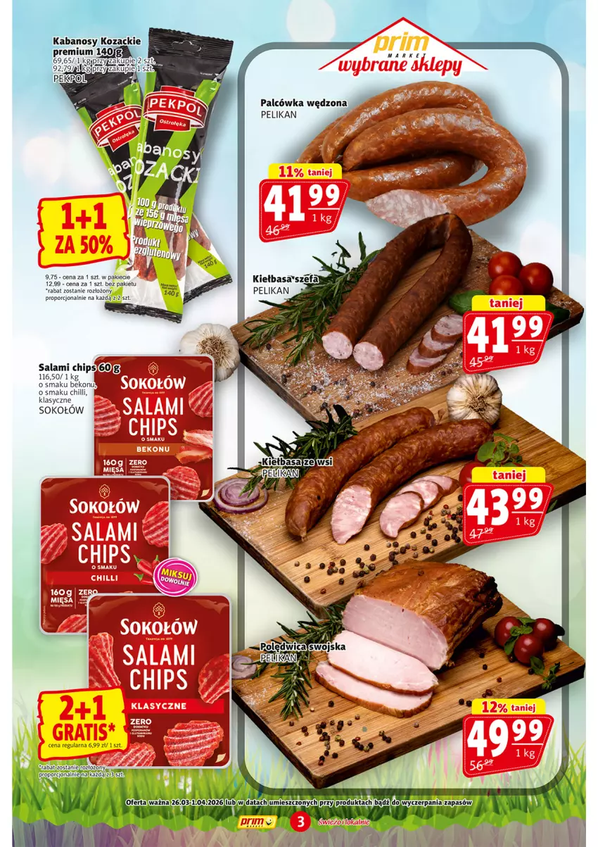 Gazetka promocyjna Prim Market - ważna 26.03 do 01.04.2026 - strona 3 - produkty: Beko, Fa, Gra, Kiełbasa, Por, Salami, Sok, Sokołów