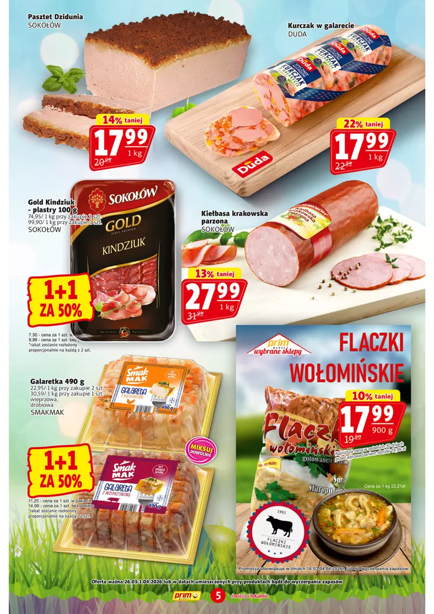 Gazetka promocyjna Prim Market - ważna 26.03 do 01.04.2026 - strona 5 - produkty: Gala, Galaretka, Kiełbasa, Kiełbasa krakowska, Kindziuk, LG, Por, Sok, Sokołów