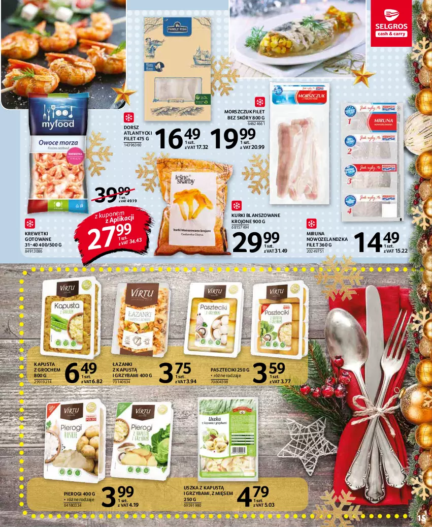 Gazetka promocyjna Selgros - Oferta spożywcza - ważna 02.12 do 15.12.2021 - strona 15 - produkty: Dorsz, Groch, Kapustą, Krewetki, Miruna, Pierogi