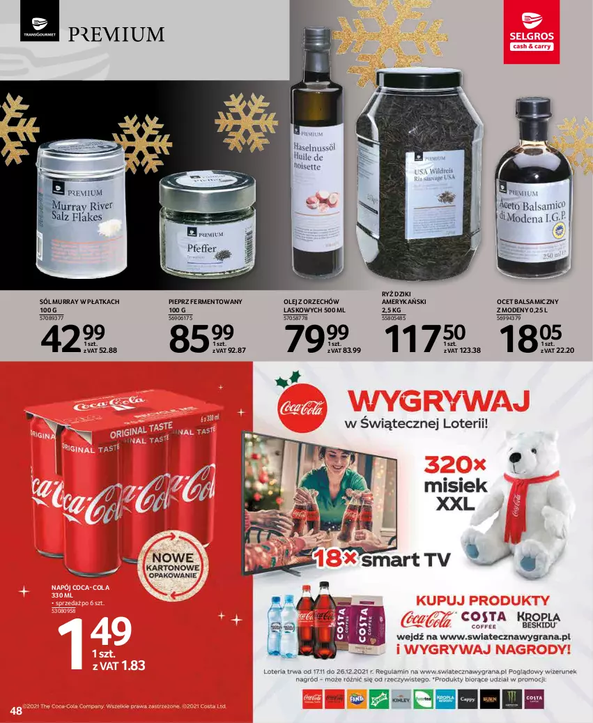 Gazetka promocyjna Selgros - Oferta spożywcza - ważna 02.12 do 15.12.2021 - strona 48 - produkty: Coca-Cola, Napój, Ocet, Ocet balsamiczny, Olej, Pieprz, Ryż, Sól