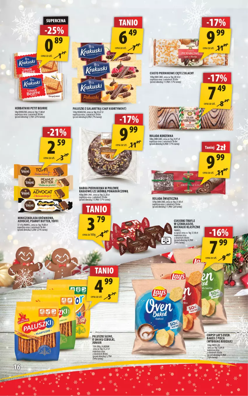 Gazetka promocyjna Arhelan - Gazetka - ważna 13.12 do 24.12.2024 - strona 16 - produkty: Babka, Chipsy, Cukier, Cukierki, Czekolada, Dan Cake, Fa, Kakao, Lajkonik, Michałki, Piernik, Rolada, Wawel