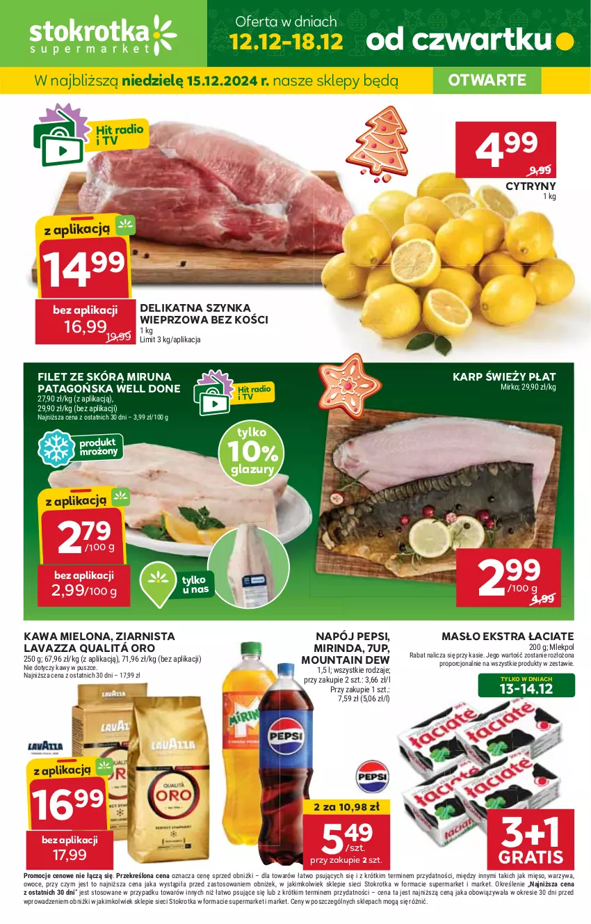 Gazetka promocyjna Stokrotka - Supermarket Opole/Radom - ważna 12.12 do 18.12.2024 - strona 1 - produkty: 7up, Cytryny, Gra, HP, JBL, Karp, Kawa, Kawa mielona, Lavazza, Lazur, Masło, Mirinda, Miruna, Napój, Pepsi, Szynka, Szynka wieprzowa, Tago