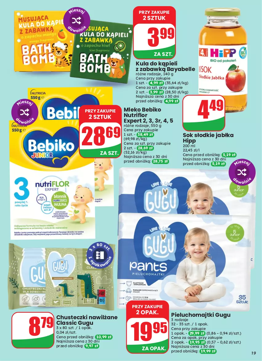 Gazetka promocyjna Dino - Gazetka 43 / 2026 - ważna 21.10 do 27.10.2026 - strona 19 - produkty: Bebiko, Bell, Chusteczki, HiPP, Jabłka, Kula do kąpieli, Majtki, Mleko, Pieluchomajtki, Sok