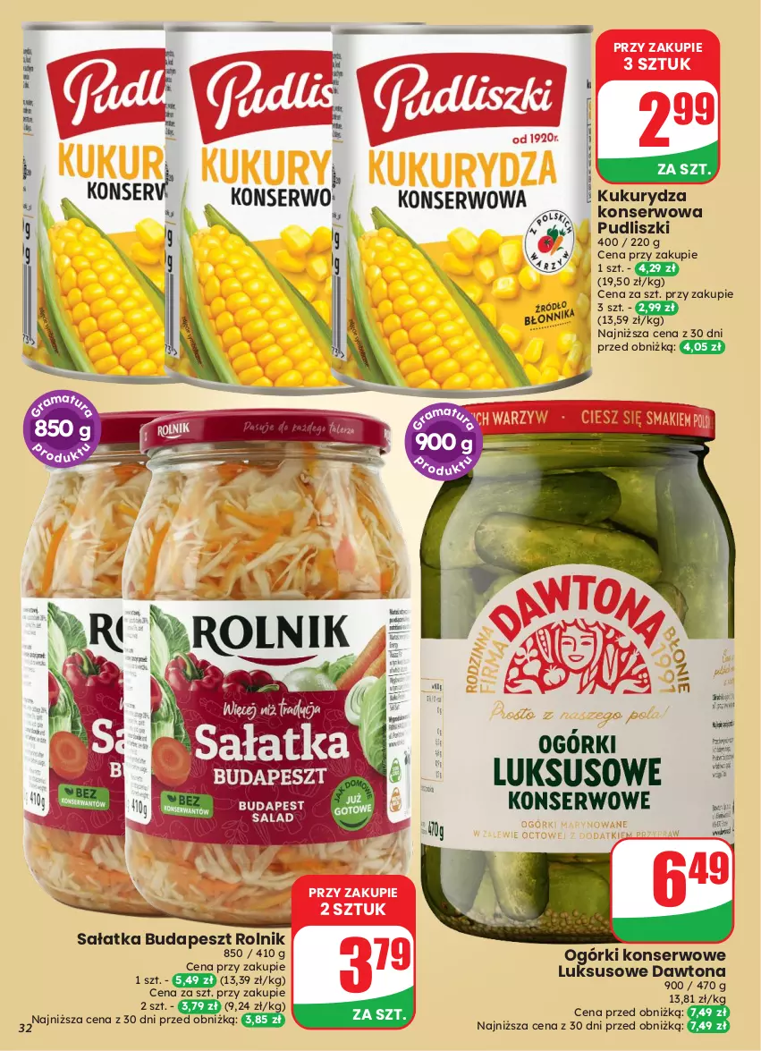 Gazetka promocyjna Dino - Gazetka 43 / 2026 - ważna 21.10 do 27.10.2026 - strona 32 - produkty: Dawtona, Kukurydza, Kukurydza konserwowa, Ogórki konserwowe, Pudliszki, Rolnik, Sałat, Sałatka, Ser