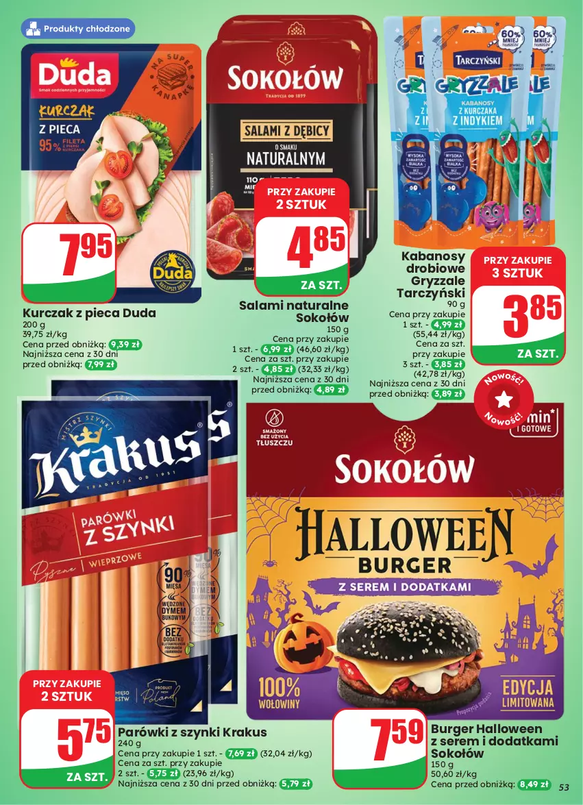 Gazetka promocyjna Dino - Gazetka 43 / 2026 - ważna 21.10 do 27.10.2026 - strona 53 - produkty: Burger, Duda, Gry, Kabanos, Krakus, Kurczak, Parówki, Parówki z szynki, Piec, Salami, Ser, Sok, Sokołów, Tarczyński