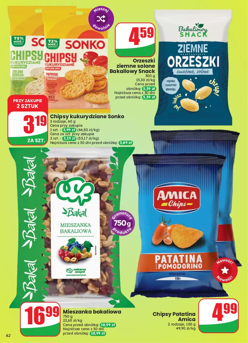 Gazetka promocyjna Dino - Gazetka 43 / 2026 - ważna 21.10 do 27.10.2026 - strona 62 - produkty: Amica, Chipsy, Mieszanka bakaliowa, Orzeszki, Orzeszki ziemne, Sonko