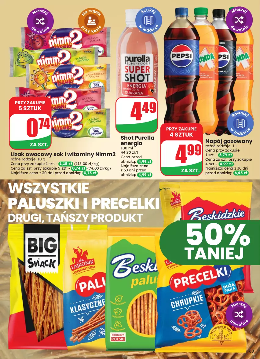 Gazetka promocyjna Dino - Gazetka 43 / 2026 - ważna 21.10 do 27.10.2026 - strona 63 - produkty: Napój, Napój gazowany, Nimm2, Precelki, Pur, Sok