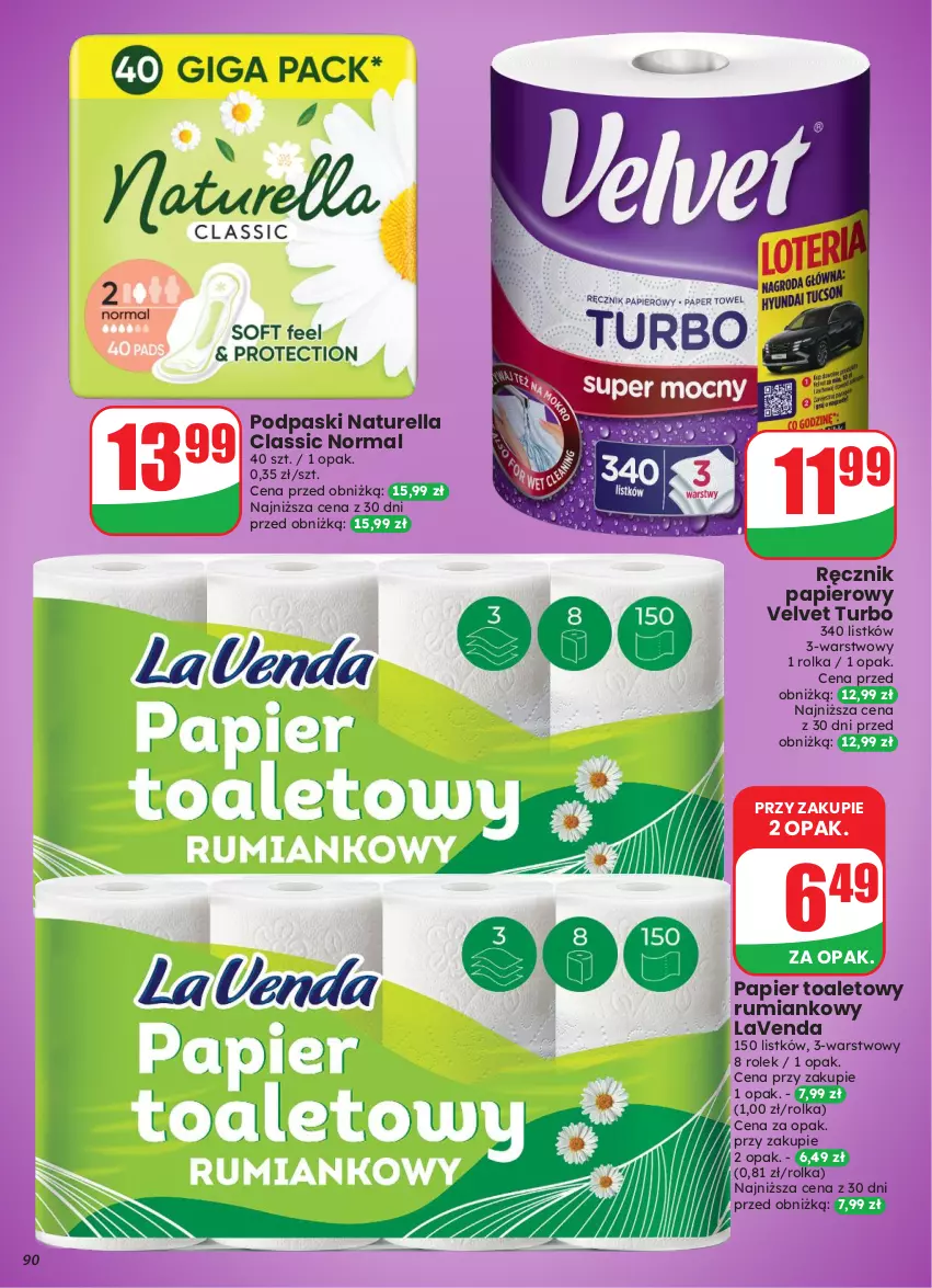 Gazetka promocyjna Dino - Gazetka 43 / 2026 - ważna 21.10 do 27.10.2026 - strona 90 - produkty: Naturell, Naturella, Papier, Papier toaletowy, Podpaski, Ręcznik, Rum, Velvet