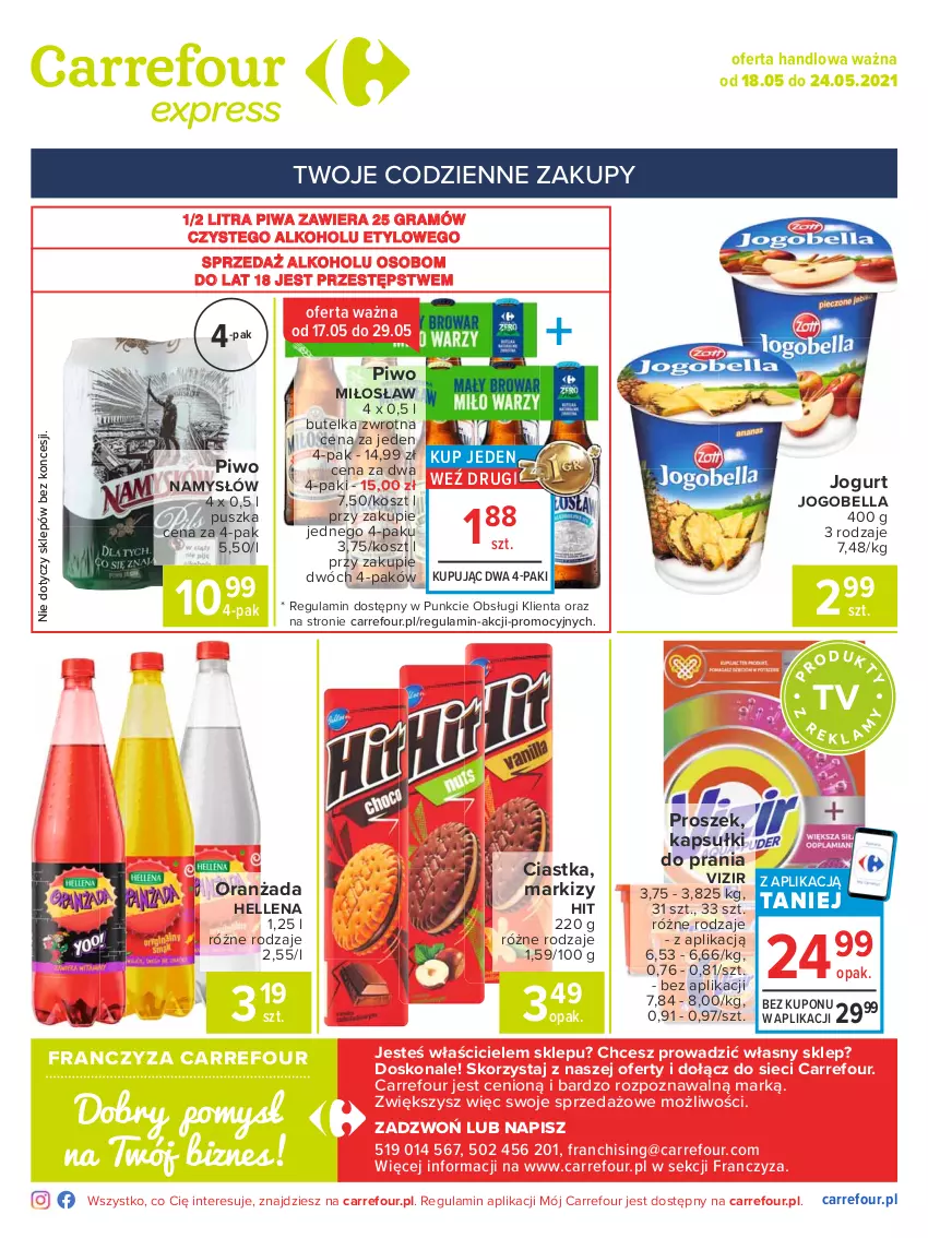 Gazetka promocyjna Carrefour - Gazetka Express - ważna 17.05 do 24.05.2021 - strona 2 - produkty: Bell, Bella, Ciastka, Gra, Hellena, Jogobella, Jogurt, Kapsułki do prania, Kosz, Namysłów, Oranżada, Piwa, Piwo, Vizir