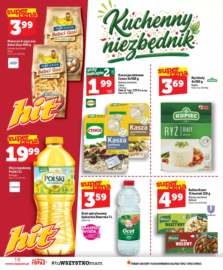 Gazetka promocyjna Topaz - Gazetka - ważna 01.10 do 07.10.2026 - strona 18 - produkty: Bulion, Cenos, Gra, Kasza, Kasza jęczmienna, Knorr, Kupiec, Lion, Makaron, Ocet, Olej, Piec, Ryż, Ryż biały, Stek, Top
