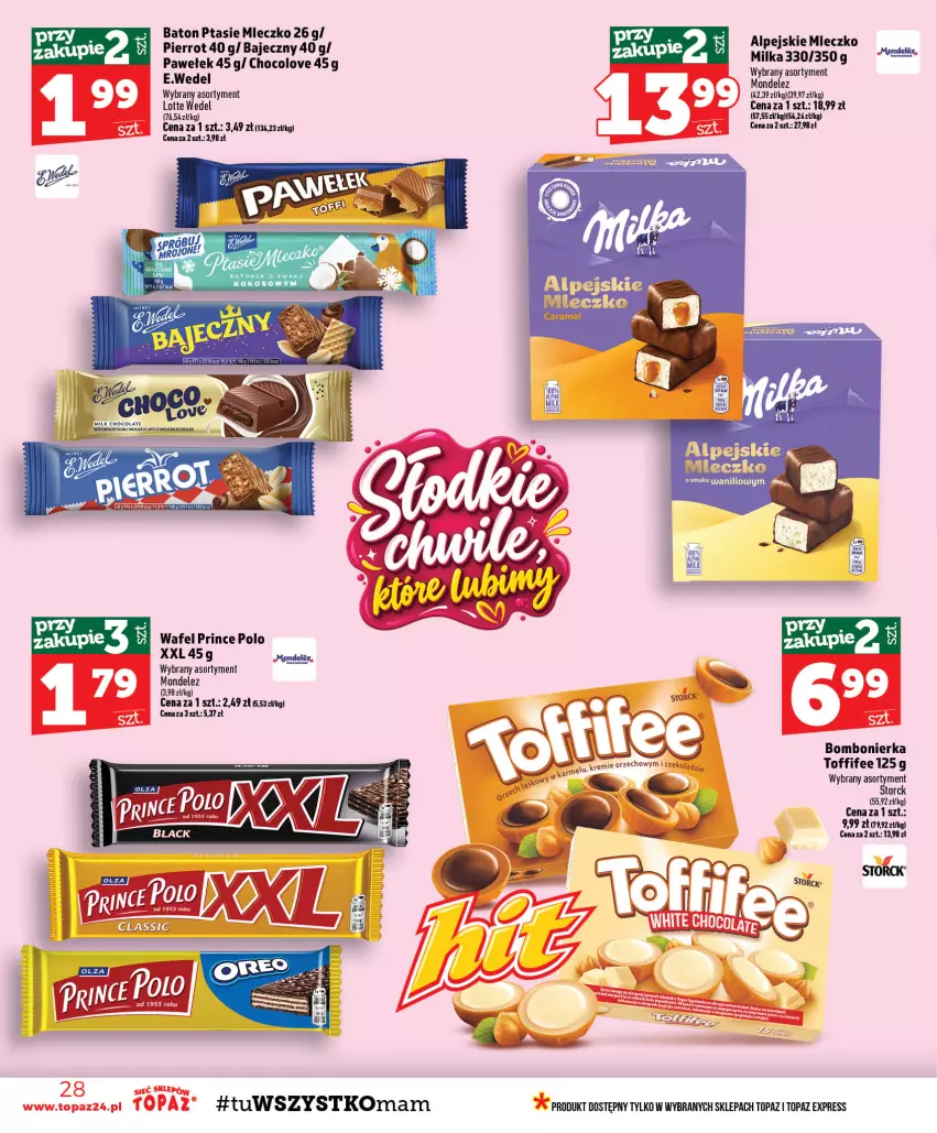 Gazetka promocyjna Topaz - Gazetka - ważna 01.10 do 07.10.2026 - strona 28 - produkty: Baton, Milka, Mleczko, Prince Polo, Ptasie mleczko, Toffifee, Top