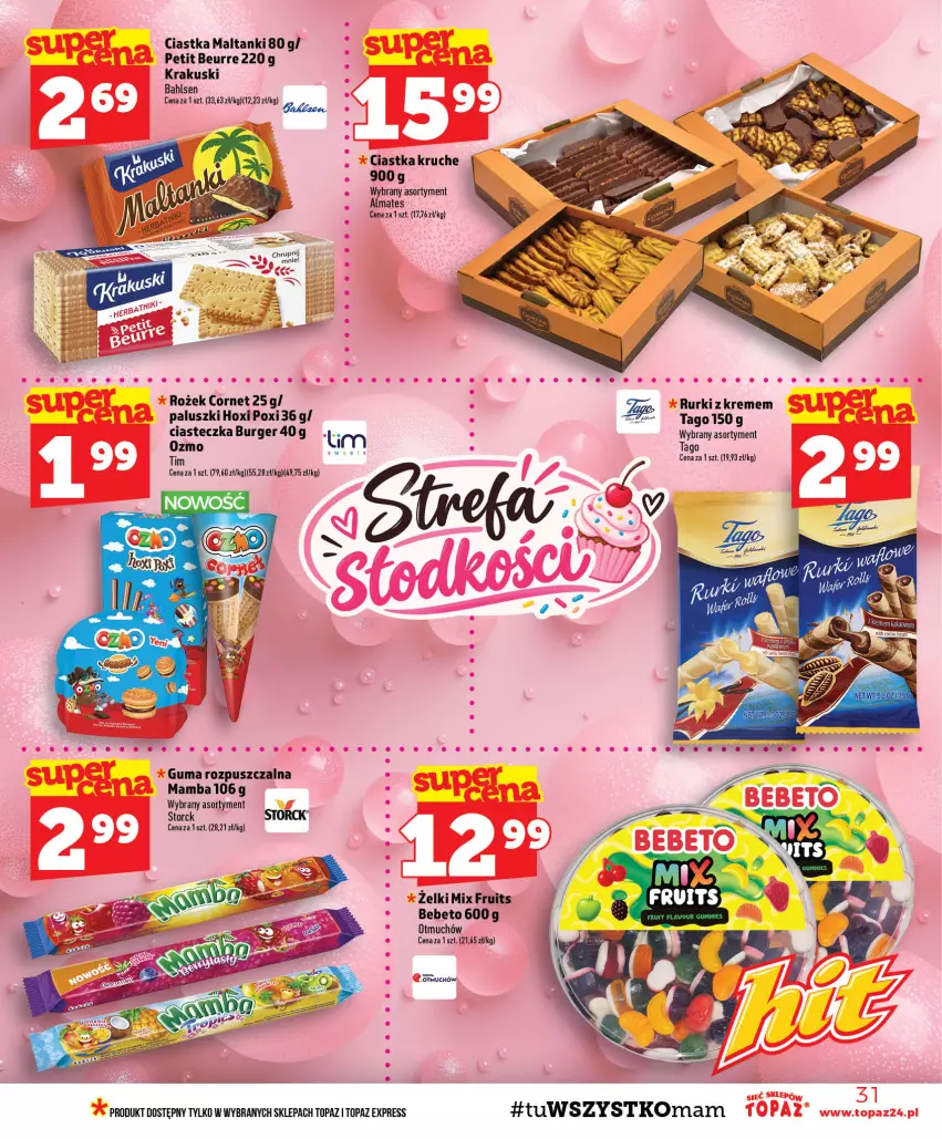 Gazetka promocyjna Topaz - Gazetka - ważna 01.10 do 07.10.2026 - strona 31 - produkty: Burger, Ciastka, Guma rozpuszczalna, Krakus, Krakuski, Mamba, Rurki, Tago, Top