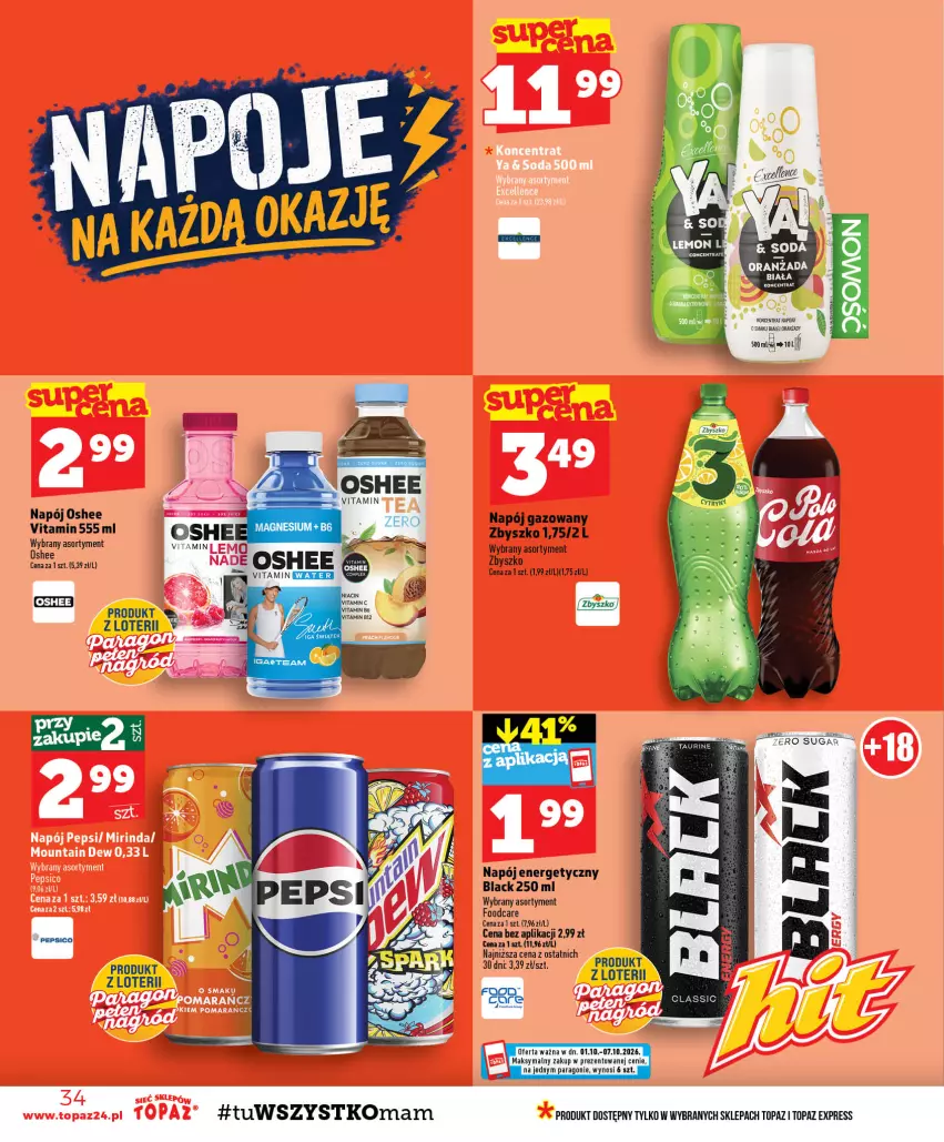 Gazetka promocyjna Topaz - Gazetka - ważna 01.10 do 07.10.2026 - strona 34 - produkty: Lack, Mirinda, Napój, Napój energetyczny, Napój gazowany, Oshee, Pepsi, Top