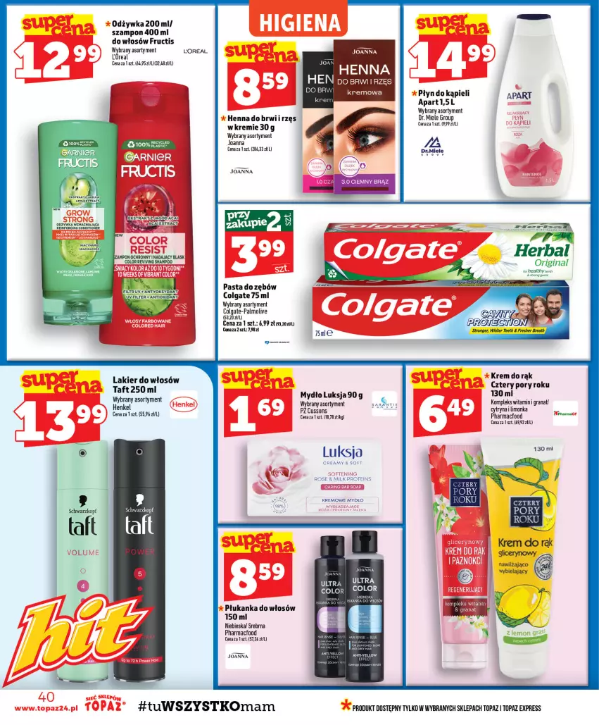 Gazetka promocyjna Topaz - Gazetka - ważna 01.10 do 07.10.2026 - strona 40 - produkty: Colgate, Fructis, Garnier, Gin, Gra, Granat, Joanna, Lakier, Lakier do włosów, LG, Luksja, Mydło, Odżywka, Palmolive, Pasta do zębów, Płyn do kąpieli, Por, Szampon, Taft, Top