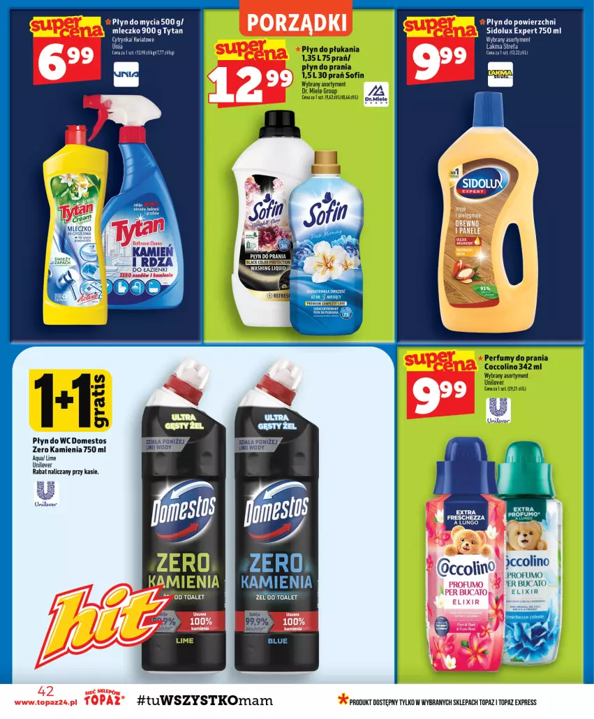 Gazetka promocyjna Topaz - Gazetka - ważna 01.10 do 07.10.2026 - strona 42 - produkty: Coccolino, Domestos, Lack, Mleczko, Perfum, Płyn do mycia, Płyn do płukania, Płyn do prania, Płyn do wc, Sidolux, Top, Tytan