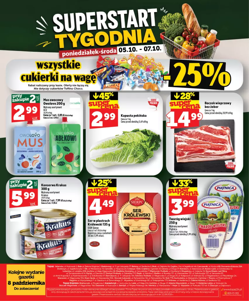 Gazetka promocyjna Topaz - Gazetka - ważna 01.10 do 07.10.2026 - strona 48 - produkty: Boczek, Cukier, Cukierki, Krakus, Królewski, Mus, Olej, Piątnica, Ser, Toffino, Twaróg