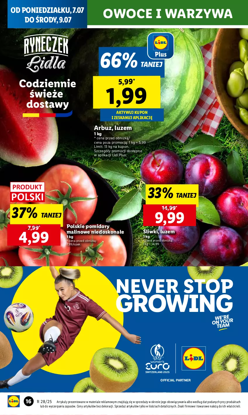 Gazetka promocyjna Lidl - GAZETKA - ważna 07.07 do 09.07.2025 - strona 16 - produkty: Arbuz, Owoce, Pomidory, Top, Warzywa