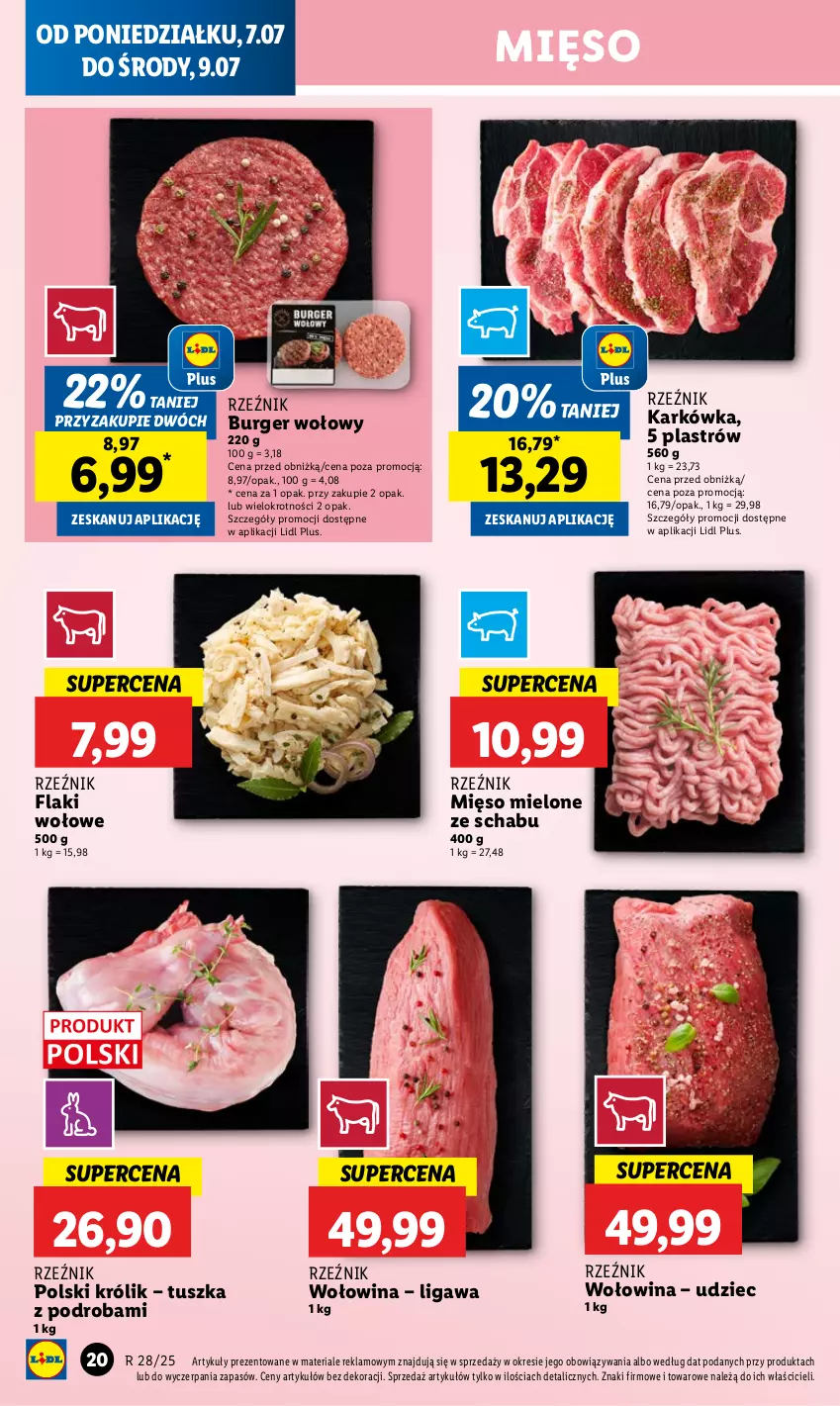 Gazetka promocyjna Lidl - GAZETKA - ważna 07.07 do 09.07.2025 - strona 20 - produkty: Burger, Flaki, Flaki wołowe, Królik, Mięso, Mięso mielone, Tusz, Wołowina