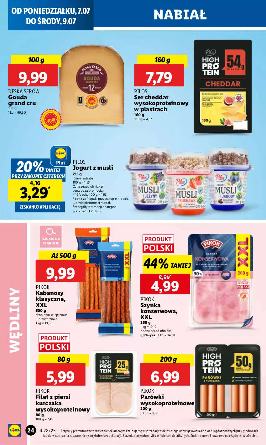 Gazetka promocyjna Lidl - GAZETKA - ważna 07.07 do 09.07.2025 - strona 28 - produkty: Cheddar, Deska serów, Filet z piersi kurczaka, Gouda, Gra, Jogurt, Kabanos, Kurczak, Mus, Parówki, PIKOK, Pilos, Ser, Sok, Szynka, Szynka konserwowa