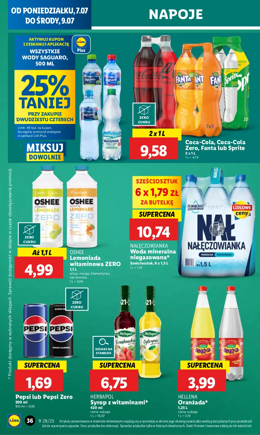 Gazetka promocyjna Lidl - GAZETKA - ważna 07.07 do 09.07.2025 - strona 42 - produkty: Arbuz, Coca-Cola, Fa, Fanta, Hellena, Herbapol, Lemoniada, Limonka, Mango, Nałęczowianka, Napoje, Oranżada, Oshee, Pepsi, Sprite, Syrop, Woda, Woda mineralna