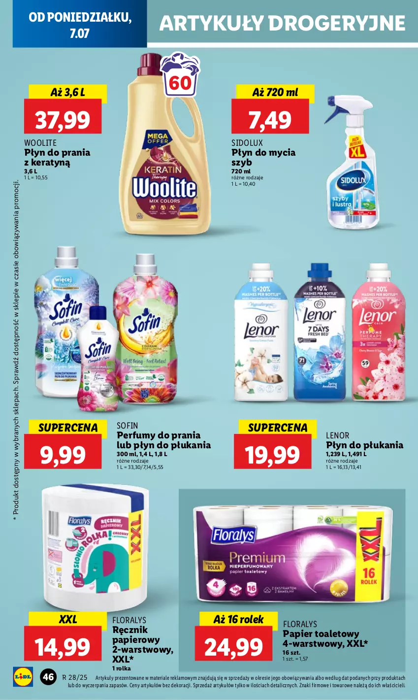 Gazetka promocyjna Lidl - GAZETKA - ważna 07.07 do 09.07.2025 - strona 54 - produkty: Flora, Lenor, Papier, Papier toaletowy, Perfum, Płyn do mycia, Płyn do płukania, Płyn do prania, Ręcznik, Sidolux, Woolite