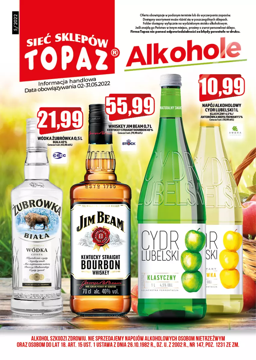 Gazetka promocyjna Topaz - Gazetka - ważna 02.05 do 31.05.2022 - strona 1 - produkty: Alkohole, Bourbon, Jim Beam, Napój, Top, Whiskey, Wódka