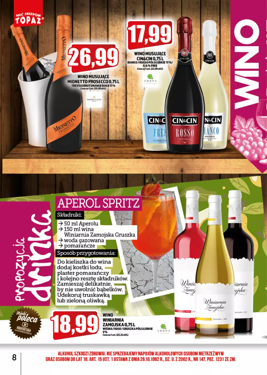 Gazetka promocyjna Topaz - Gazetka - ważna 02.05 do 31.05.2022 - strona 8 - produkty: Aperol, Gry, Mionetto, Mus, Olej, Pomarańcze, Prosecco, Winiarnia Zamojska, Wino, Wino musujące, Woda, Woda gazowana